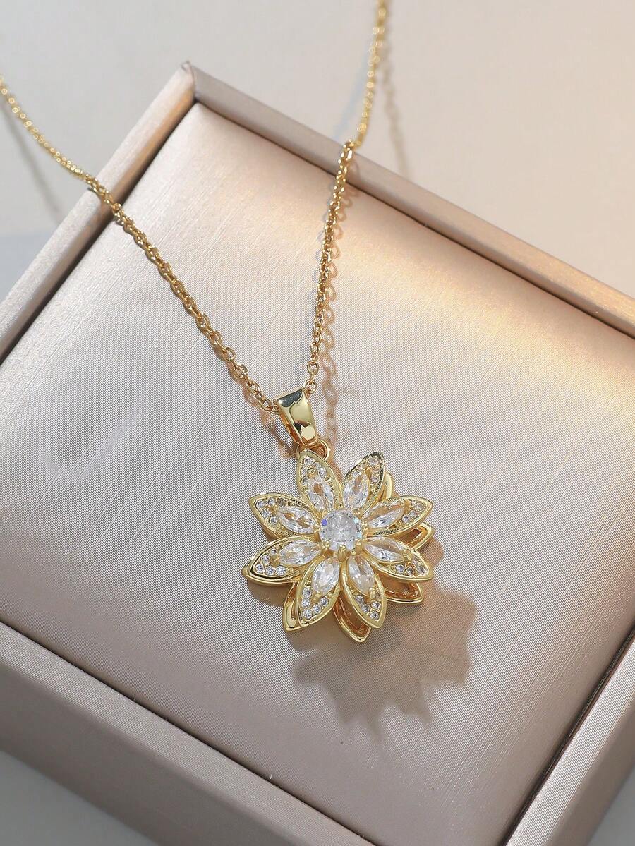 1pc Rotatable Lotus Flower Pendant Necklace, 14K Gold Plated With Sparkling Cubic Zirconia, Adjustable Chain, Elegant Statement Jewelry For Women - C - View 1