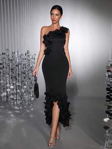 全新优雅 3D 花卉装饰修身单肩无袖蝴蝶结连衣裙，适合婚礼宾客、伴娘、派对、正式晚礼服 - 黑色 - 查看 2