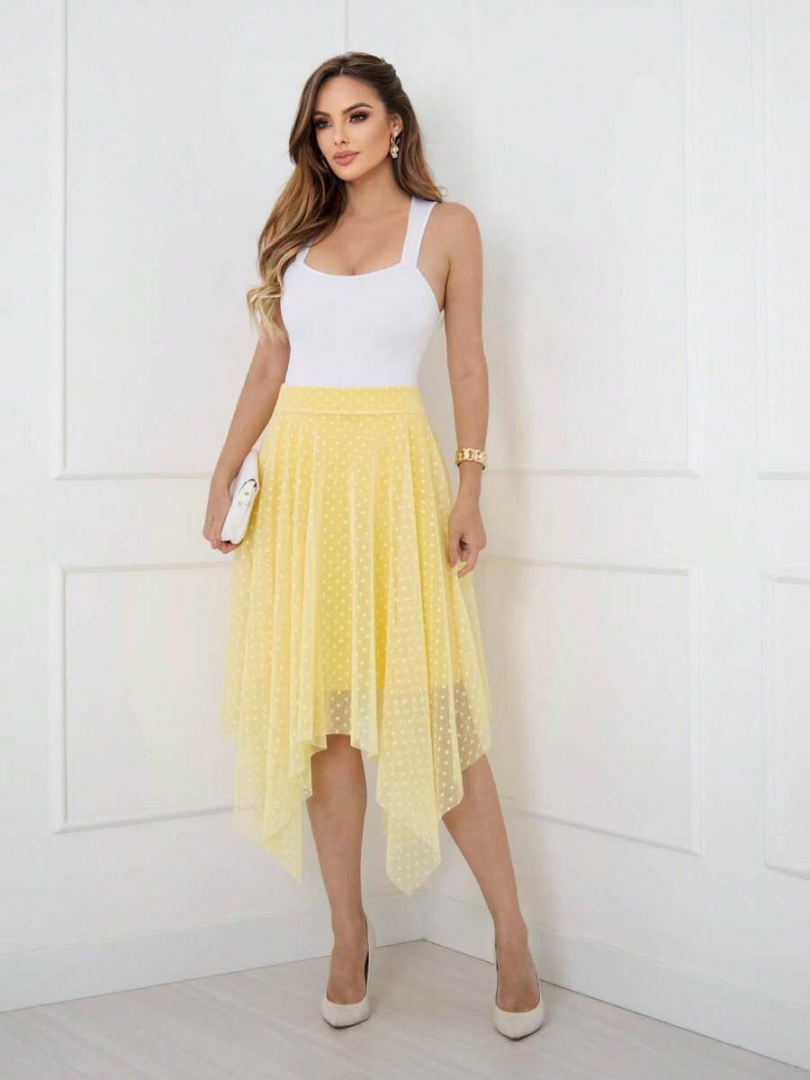 Elegance Tulle Midi Skirt With Polka Dots Code 127 - Yellow - View 1