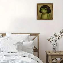 2D Flat 1pc Wood Frame Sign Wood Frame Frog Girl, Brown Short Hair, Surrealistic Portrait Style Wooden Wall Art Prints 8x8inch Wood Painting For Living Room Bedroom Office Bathroom Dorm Home Decor, Ready To Hang - 彩色 - 查看 7