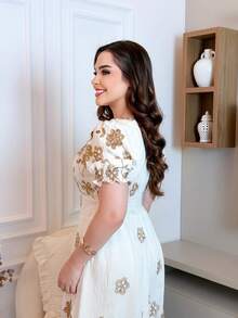 Elegant Viscose Midi Dress With Short Sleeves - White - View 3