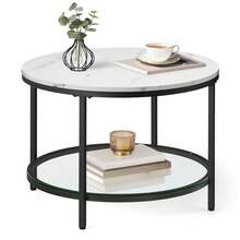 Coffee Table, Living Room Table, Sofa Cocktail Table Faux Marble Round, Tempered Glass Storage Shelf, Easy To Assemble, Modern Style, For Living Room, Marble White And Ink Black - White - View 6