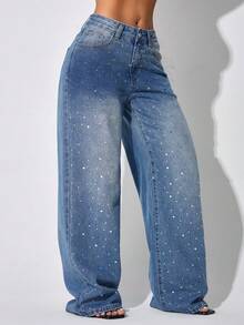 女士宽松休闲百搭阔腿牛仔裤，带口袋 - 藍色 - 查看 3