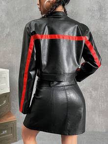 Chaqueta corta de cuero sintético con cremallera y bloques de color para mujer,Chaqueta estampada con letras bordadas - Rojo - Ver 2