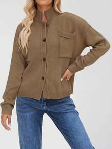 Women Knit Cardigan Long Sleeve Stand Collar Button Closure Fall Casual Jacket Sweater With Pockets - Khaki - View 2