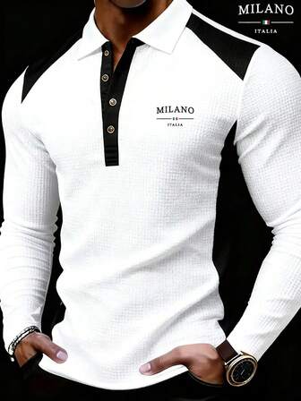 升级版米兰字母印花男士Polo衫，华夫格纹理，金属纽扣领，适合健身、户外、高尔夫、休闲穿着，也是节日礼物之选，长袖上衣