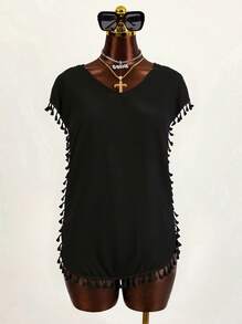 Zestiva Summer Beach Ladies' Vacation Beach Solid Fringe Decorated Batwing Sleeve Side Slit Cover Up - Black - View 1