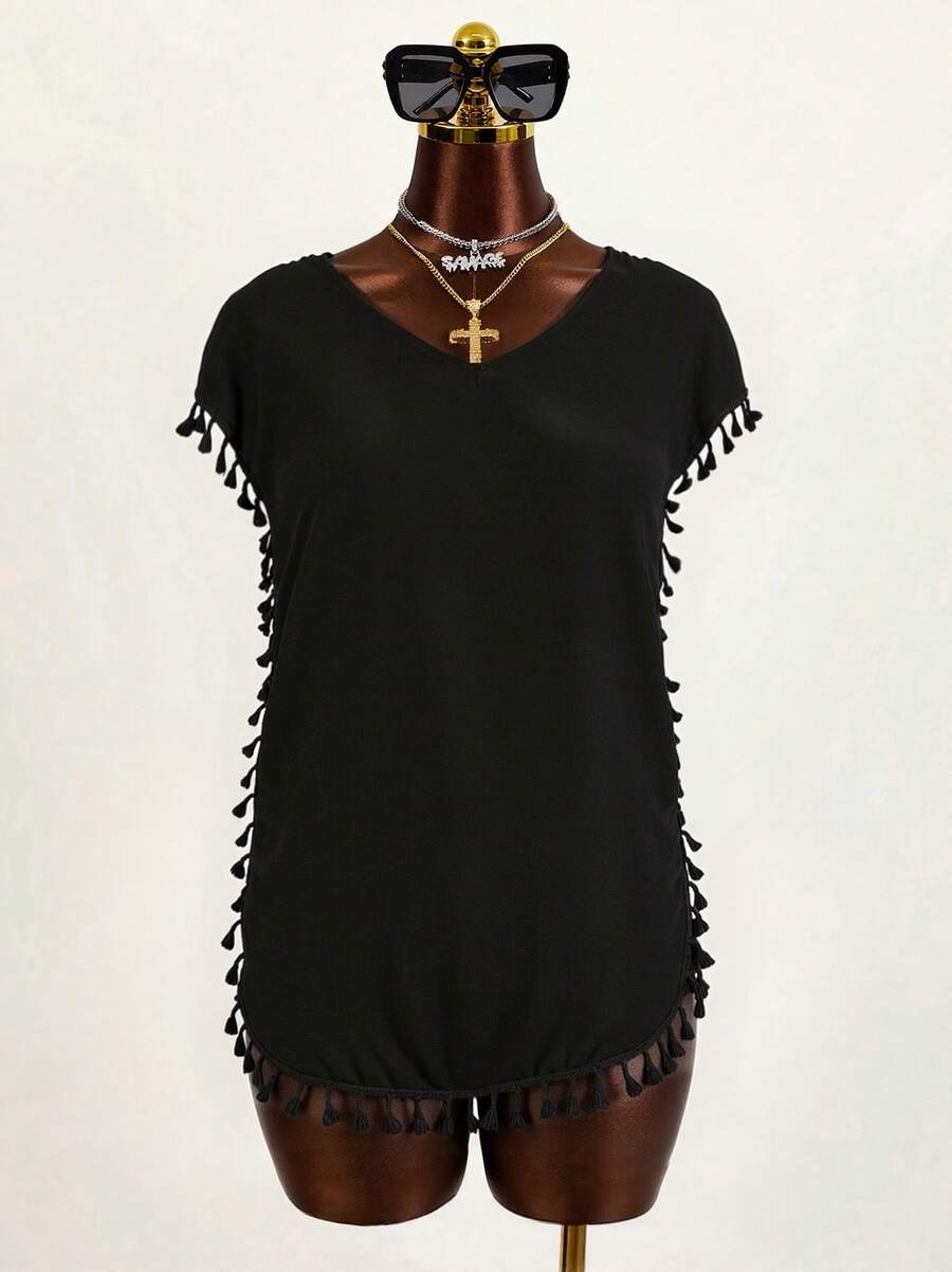 Zestiva Summer Beach Ladies' Vacation Beach Solid Fringe Decorated Batwing Sleeve Side Slit Cover Up - Black - View 1