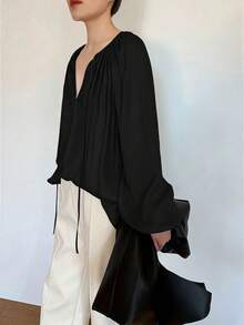 Elegant Women's Shirt, Loose V-Neck Faux Silk Satin Shirt, Balloon Sleeves And Ruched - 黑色 - 查看 5