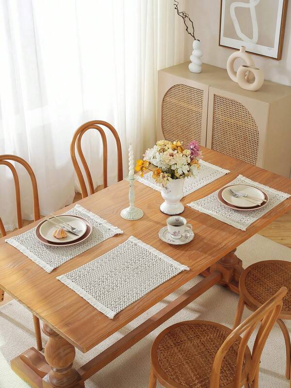 1 pieza Salvamanteles tejido en beige, tapete rectangular hueco de estilo vintage para decoración de vajilla, apto para uso diario en el hogar, reuniones festivas y decoración de mesa