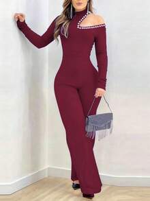 Mono elegante y sexy de unicolor con hombros con perlas y manga larga hueca, adecuado para uso diario, citas nocturnas, fiestas, primavera/otoño