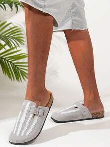 Men's New Personalized Skeleton Print Buckle Slide Slippers, Soft Cork Bottom Casual Sandals, Suitable For Indoor/Outdoor Wear, Streetwear Style, Fit For Daily Life & Leisure, Spring/Summer/Autumn - Grey - View 5