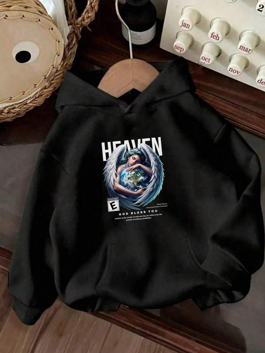 Nueva mujer otoño e invierno suéter suelto con capucha letras patrón ángel sudadera con capucha casual con capucha mujer abrigo - Negro - Ver 1