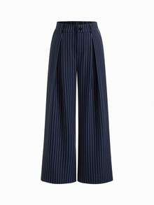 Women's Pleated Fashion Loose Straight Mid-Waist Striped Pleated Wide Leg Pants