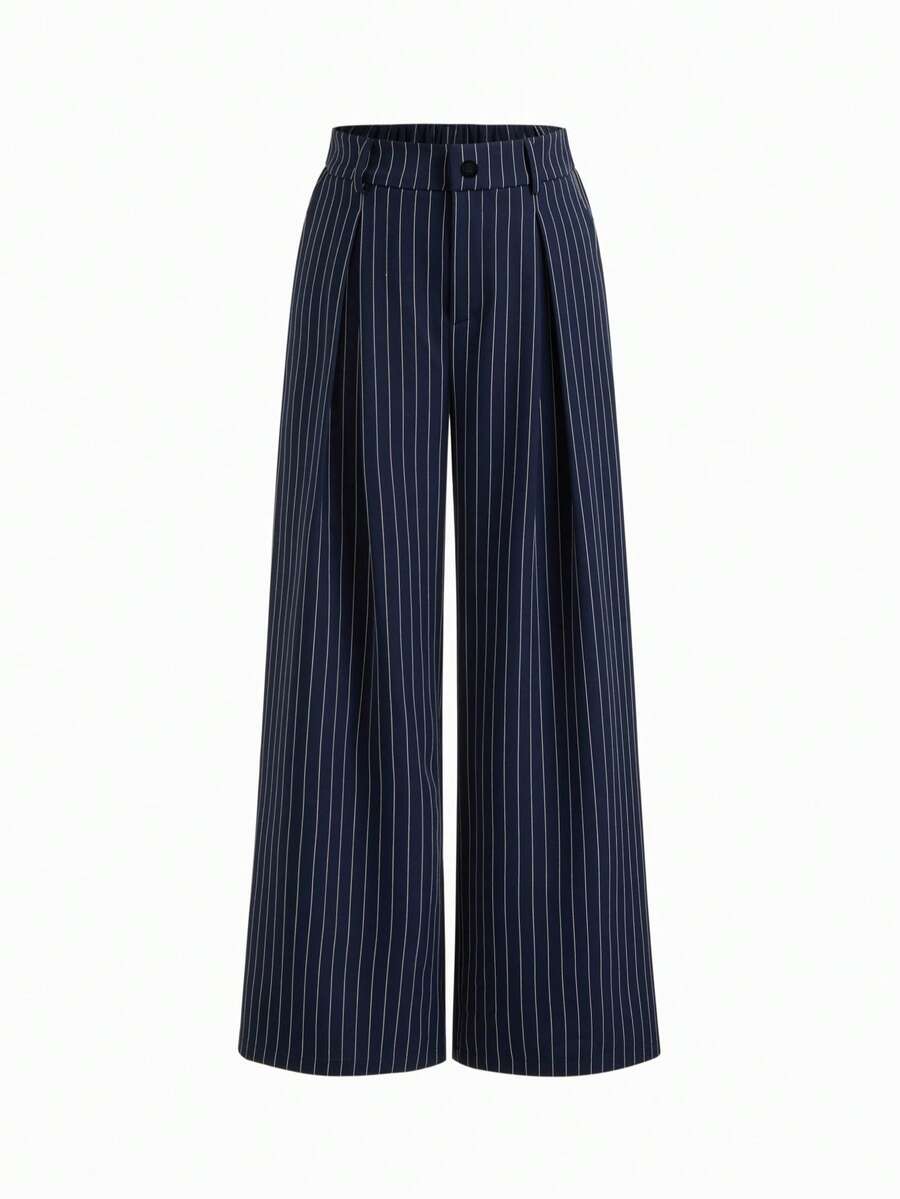 Women's Pleated Fashion Loose Straight Mid-Waist Striped Pleated Wide Leg Pants