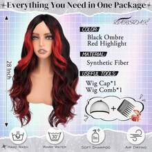 DDBlack Red High Long Wavy Wig With Curtain Bangs 28 Inch Red Black Ombre High Calico Wig For Women Natural Looking Thick Soft Synthetic Wigs Party Halloween Gothic Costume - 黑色紅色高光 - 查看 2