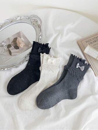 3 pares de calcetines de media caña con volantes, de unicolor, transpirables y absorbentes para mujer, para primavera/verano