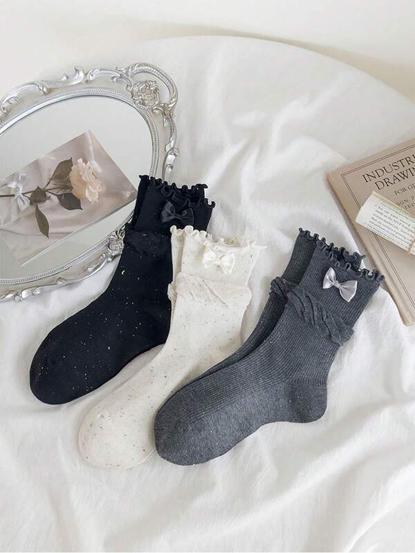 3 paia di calze a mezza gamba da donna in colore unito, traspiranti e assorbenti, con bordo a volant, adatte per primavera/estate