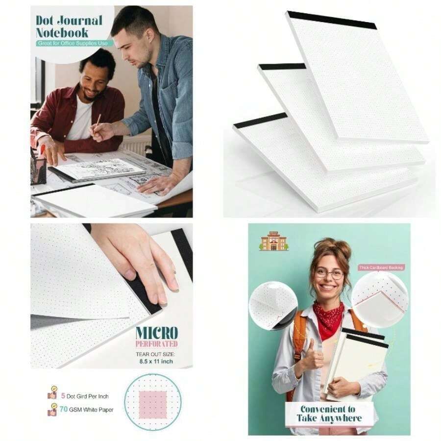 Bloc de notas punteados de 8 - 12x 11, paquete de 3, papel de diario de puntos 8.5x 11, tamao de letra, bloc de notas de rejilla punteada para planificacin de diario, 70 g de papel, notas - inicial - Ver 1