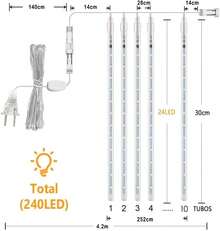 DAHAN Luces de Lluvia de Meteoritos, 30cm, 10 Tubos 240 Luces LED de Carámbano Impermeable, Luces de Lluvia Que Caen, para Decoración de Árbol, Aleros, Techo, Patio, Jardín (Blanco Frío) - Blanco Frío 2pcs - Ver 7