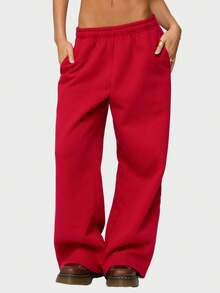 Womens Wide Leg Sweatpants Elastic Waist High Rise Baggy Pants With Pockets Solid Color Loose Fall Barrel Casual Lounge Athletic Pants Comfy Cute Y2k Joggers Teen Girl - Đỏ - Xem 1