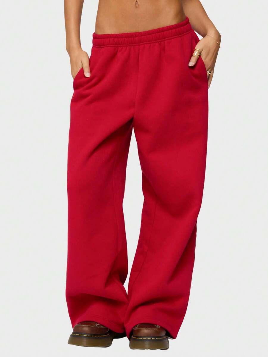 Womens Wide Leg Sweatpants Elastic Waist High Rise Baggy Pants With Pockets Solid Color Loose Fall Barrel Casual Lounge Athletic Pants Comfy Cute Y2k Joggers Teen Girl - Đỏ - Xem 1