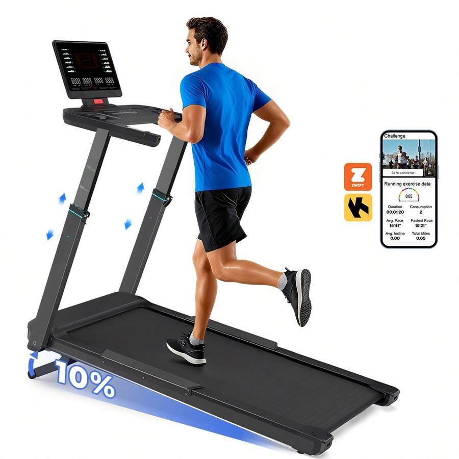 Urbango Foldable Treadmill With 10% Incline, Upgrade 3.5HP Low Noise Walking Pad Treadmill With Handle Bar, Adjustable Height, LED Display And 12 Preset Programs, 400 Lbs Capacity, For Home Office Under Desk, ZWIFT/KINOMAP APP & Pulse Monitor - View 1