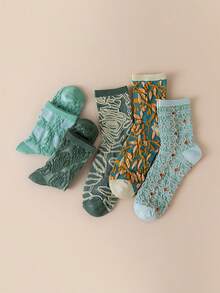 5 Pairs Women's Fashionable Green Embossed Mid-Calf Socks, Versatile For Autumn/Winter - Multicolor - View 3