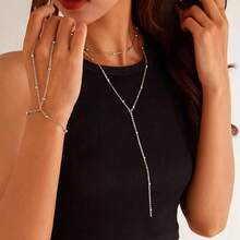 Luxval Lariat Gold Necklace For Women, Dainty Long Necklace 14k Gold Plated/Silver Y-Shaped Pendant Necklaces  Beaded Chain Drop Necklaces Jewelry For Women Gifts{"Color_name":"Silver-YLayeredBeadNecklace"} - 銀色-Y形多層珠項鍊 - 查看 6