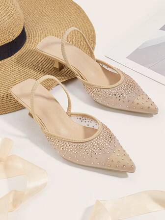 Women's Rhinestone Decor Kitten Heel, Pointed Toe Hollow Slip-On Sandals, Fashionable & Elegant For Party And Formal Dress Low Heels