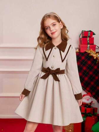 Girls' Elegant Corduroy Patchwork Dress, Apricot & Brown Corduroy With Belt, Unique & Stylish, Suitable For Casual & Daily Wear In Autumn/Winter
