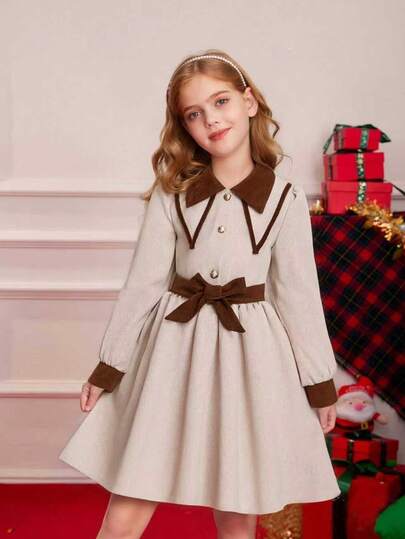女童优雅灯芯绒拼布连衣裙，杏色和棕色灯芯绒，配腰带，独特时尚，适合秋冬季休闲和日常穿着