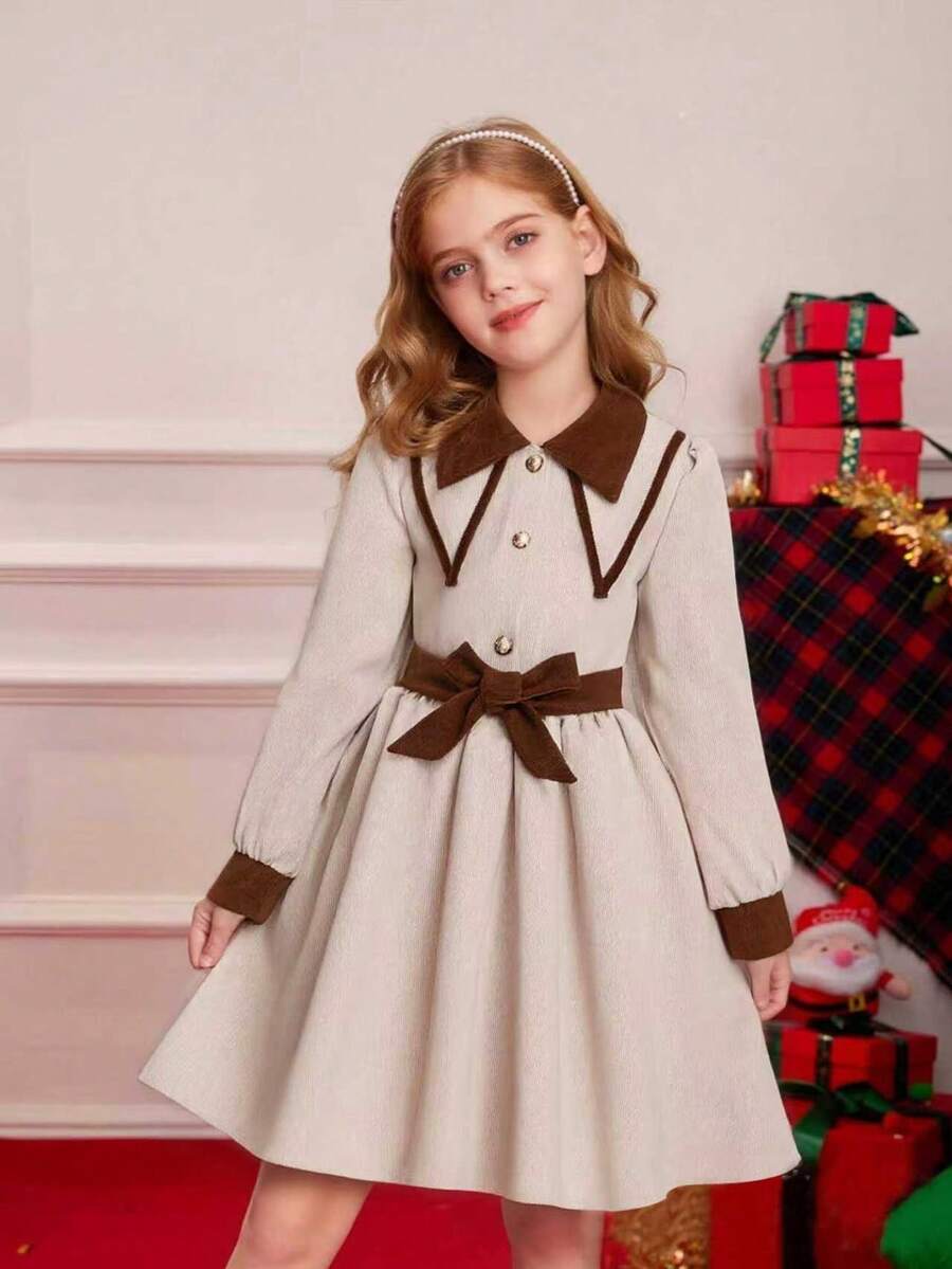 Vestido elegante de veludo cotelê patchwork para meninas, veludo cotelê damasco e marrom com cinto, único e estiloso, adequado para uso casual e diário no outono/inverno - Bege - Ver 1