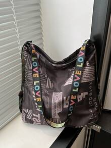 Bolso de mano de estilo retro y casual con estampado de letras en graffiti de poliéster, bolso de hombro minimalista de gran capacidad, adecuado para compras, calle, viajes y uso diario de mujeres