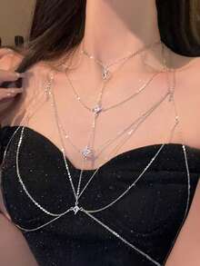 1 件女士时尚锆石流苏多层项链，独特设计肩带锁骨链，理想的礼物选择