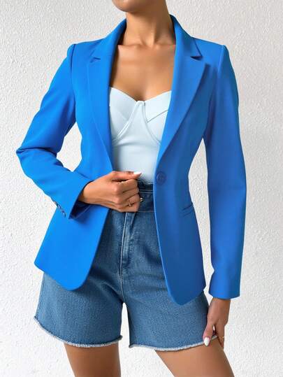 Blazer saco entallado recto boton bolsillos falsos decorativo manga larga caída ligera liso hombro acolchado tela fina oficina formal casual elegante diario fiesta moderno mujer