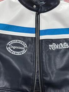 Chaqueta corta de cuero sintético con cremallera y bloques de color para mujer,Chaqueta estampada con letras bordadas - Azul - Ver 3