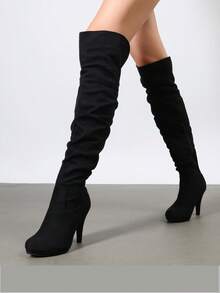 Women Fashion Thigh High Boots Comfortable Suede Leather High Heel Over The Knee Boots For Autumn & Winter Wearing - 黑色 - 查看 5
