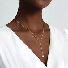 Luxval Lariat Gold Necklace For Women, Dainty Long Necklace 14k Gold Plated/Silver Y-Shaped Pendant Necklaces  Beaded Chain Drop Necklaces Jewelry For Women Gifts{"Color_name":"Gold-AdjustablePearl"} - 金色可調式珍珠 - 查看 3