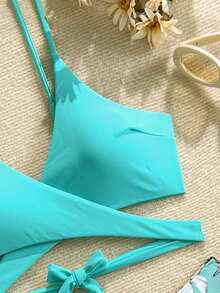 夏季随机印花性感波西米亚交叉肩带细肩带比基尼泳装海滩度假两件套 - 薄荷綠 - 查看 7