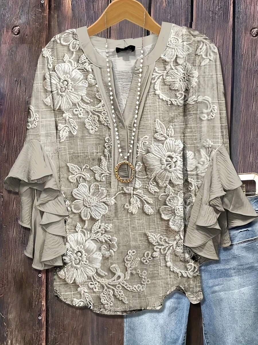 Women'S Vintage Floral Print Blouse With Ruffle Sleeves & V-Neck Button Front - Lightweight 3/4 Length Short Sleeve Round Neck Top, Plu Size Elegant Blue Blouse, Plu Size Elegant Blouse, Cardigan For Women In, Bohemian Clothes For Women - 杏色 - 查看 1