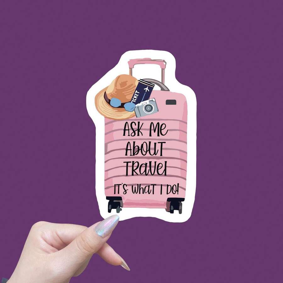旅行主题贴纸，“问我关于旅行的事”卡通行李箱和笔记本电脑贴纸，防水防晒，不对称设计，14种以上形状，耐用可重复使用 - 彩色 - 查看 1