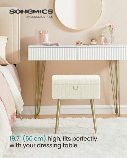 Rectanglular Vanity Stool Chair With Storage, Dressing Table Stool, Footrest Footstool Ottoman, Metal Legs, Adjustable Feet, For Living Room, Bedroom, Makeup Room, Cream White