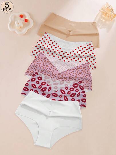 Aofeiqike 5 PIEZAS Colección de ropa interior sin costuras para mujer - Estampados de corazón, leopardo, labios y colores sólidos. Paquete multiusos de ropa interior sin costuras para mujer - Pantis cómodos y elegantes para uso diario. Conjunto de ropa interior sin costuras estampada y de colores sólidos para mujer - Calzones suaves y transpirables. Paquete variado de ropa interior sin costuras clásica de colores sólidos para mujer - Diseños ultra suaves y de moda
