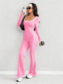 AITYI Studio 女士连体裤，时尚设计，户外街头镂空U领撞色织带设计，运动健身塑形修身性感舒适Y2K风格，适合日常、通勤、派对、度假、独立日、返校、情人节、骄傲月、狂欢节、音乐节等场合，2026春季新款舒适针织喇叭裤连体裤 - 粉色 - 查看 5