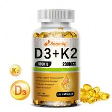 Cápsulas blandas de vitamina K2 + D3 - Favorecen la salud de huesos y articulaciones - Para hombres y mujeres - 120 cápsulas blandas - 1 botella - Ver 1