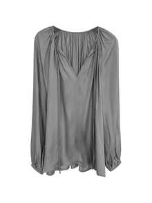 Elegant Women's Shirt, Loose V-Neck Faux Silk Satin Shirt, Balloon Sleeves And Ruched - 灰色 - 查看 3