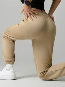 1pc Women's Solid Color Pocket Casual Pants, Versatile For Hiking, Traveling, Outdoor Sports, Running, Cycling, And Jogging - Khaki - View 8