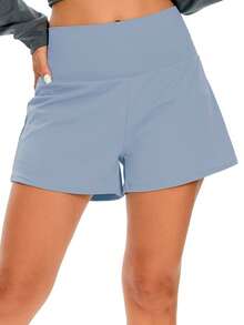 1pc Women Solid Color 2 In 1 Pocket Tight & Lift Sports Shorts, Comfortable & Versatile Nylon Shark Skin Tennis Shorts For Summer - Dusty Blue - View 3