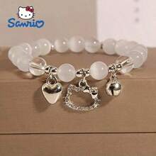 1pc Hello Kitty Y2K Style Elastic Pearl Bracelet With Heart Pendant, Cute Cartoon Bracelet, Perfect Gift For Birthday And Holidays